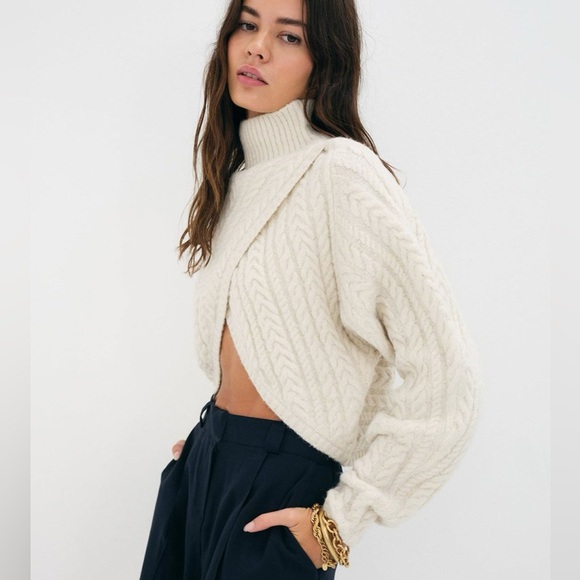 For Love & Lemons Amelia Cross Front Turtle Neck Cream Knit Sweater - Picture 1 of 5